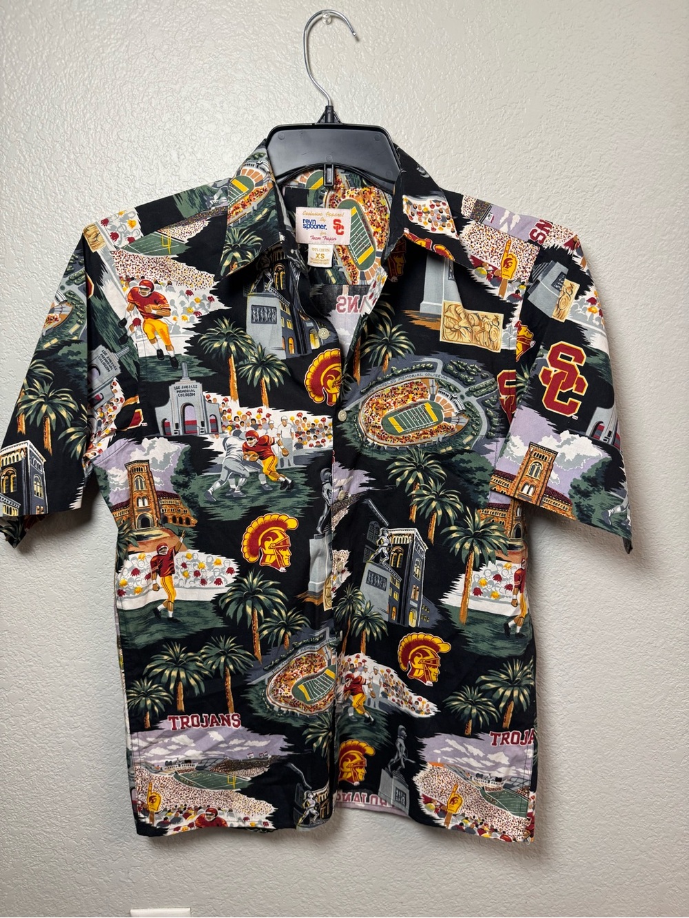 Reyn Spooner Team Trojan USC College Football Aloha Shirt Mens XS Rare AOP